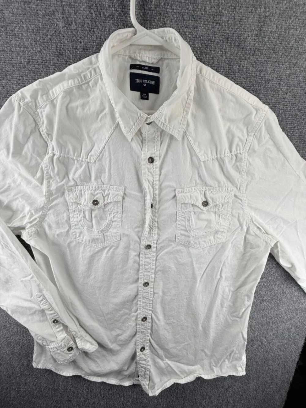 True Religion White Button Up Shirt Men Long Sleeve Large Slim Fit Pockets Urban